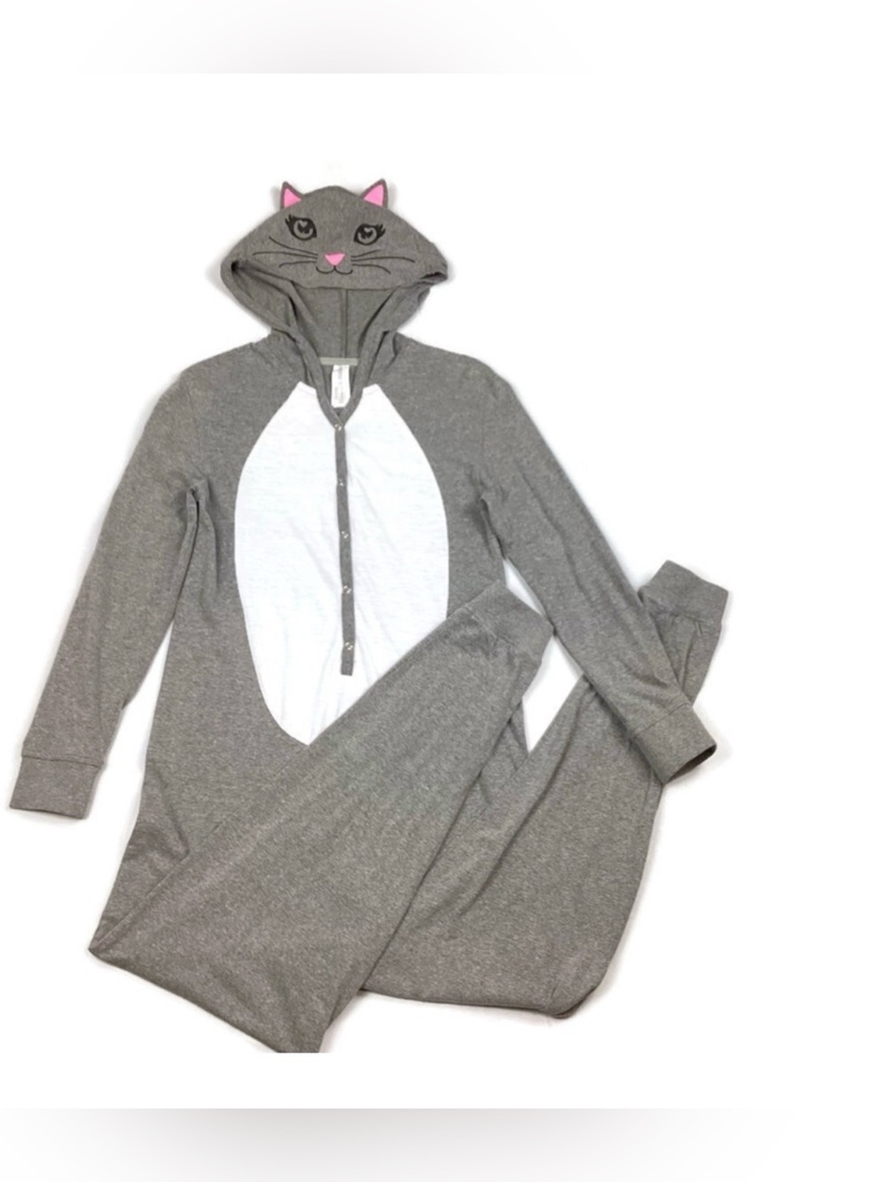Forever 21 One Piece Hooded Gray Cat PJs Pajamas